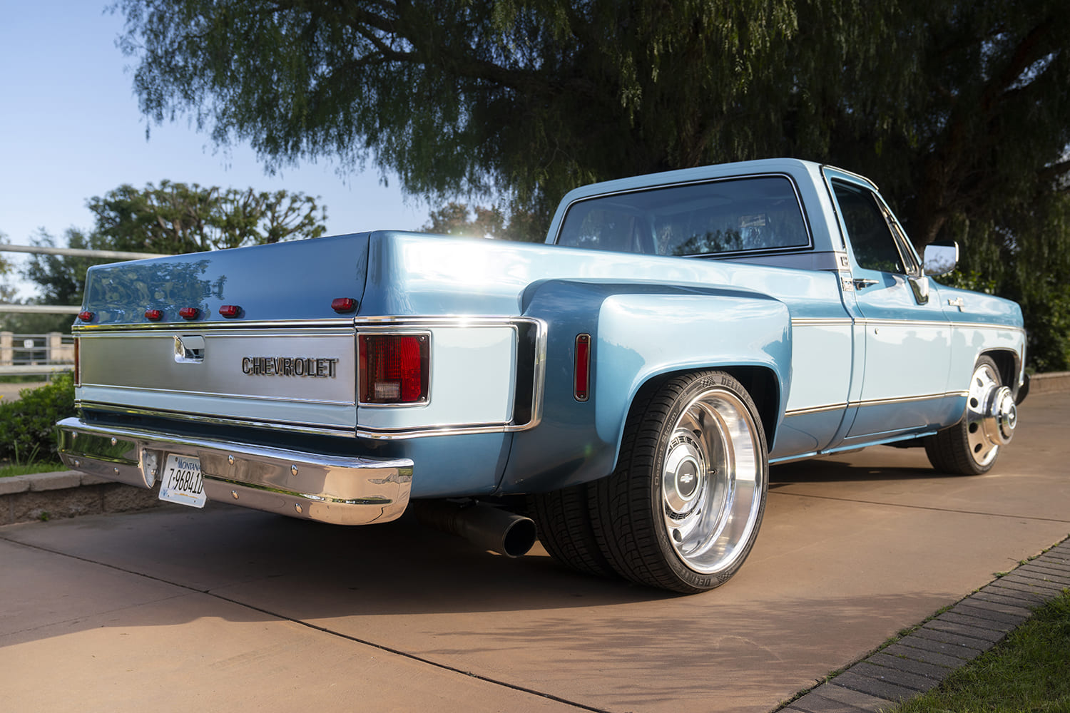 1978 Chevrolet C10 custom dually pickup rear three quarter view dually fenders clean tailgate detail