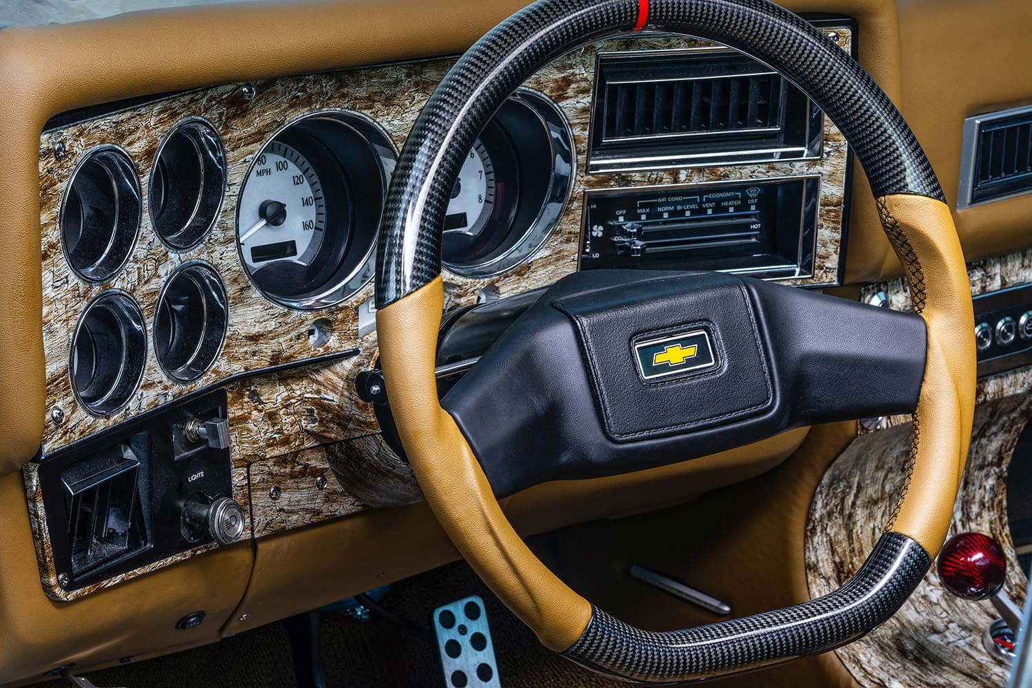 08 1982 Chevrolet C10 steering wheel gauge cluster custom dash woodgrain detailed interior close up