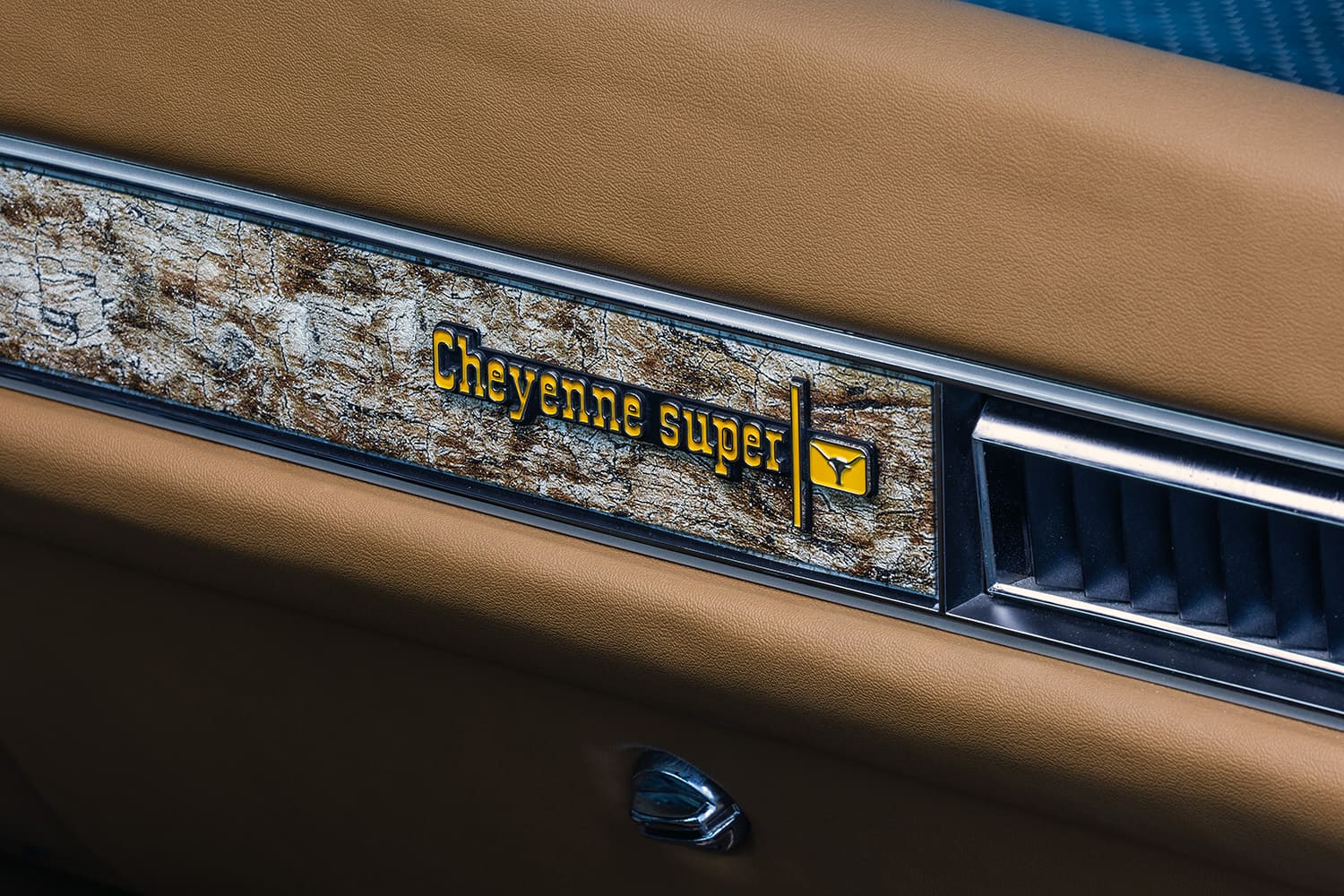 10 1982 Chevrolet C10 Cheyenne Super door panel badge woodgrain trim interior detail close up