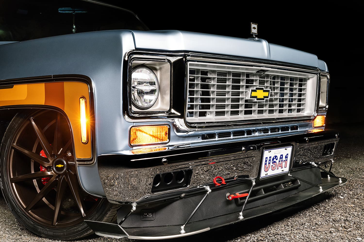 82 c10 square body front grille chrome bumper splitter pro touring custom detail close up