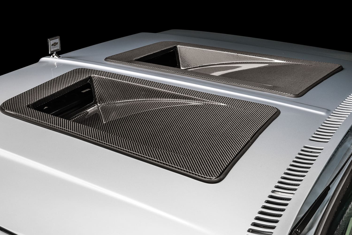 15 1982 Chevrolet C10 custom hood carbon fiber inserts cowl induction detail close up