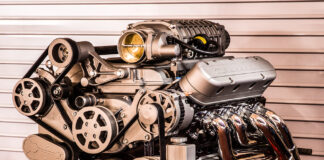 painted supercharged V8 engine completed build polished components display