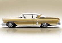 Tavis Highlander Rendering of a 1958 Impala rendering in gold with custom whee;s and lowered stance