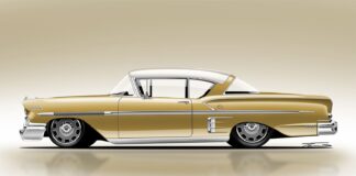 Tavis Highlander Rendering of a 1958 Impala rendering in gold with custom whee;s and lowered stance