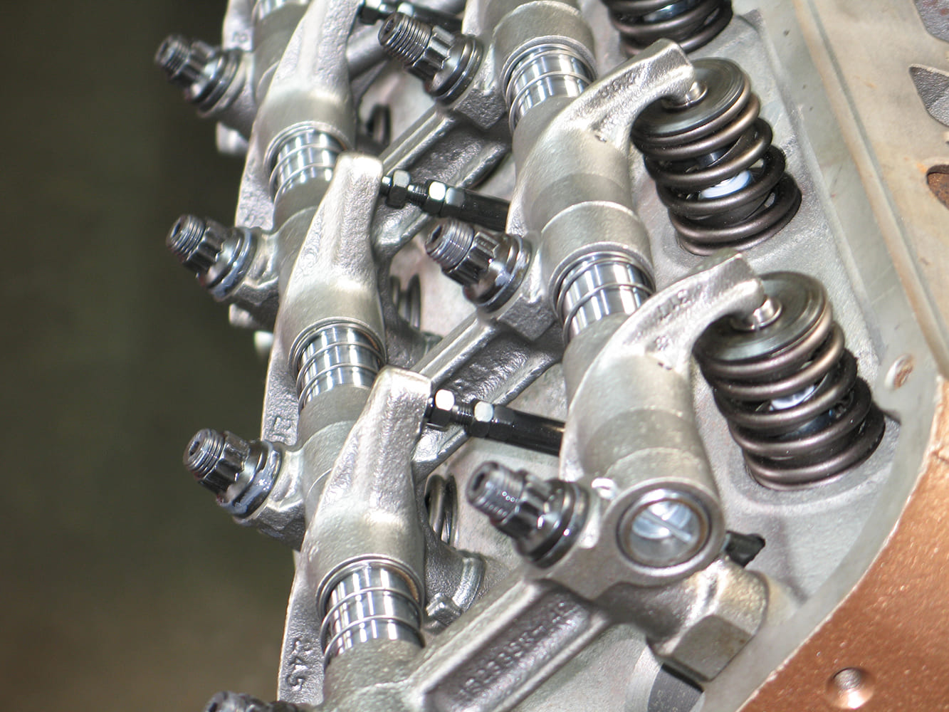 1957 Chrysler 392 Hemi rocker arms closeup valvetrain detail vintage performance engine