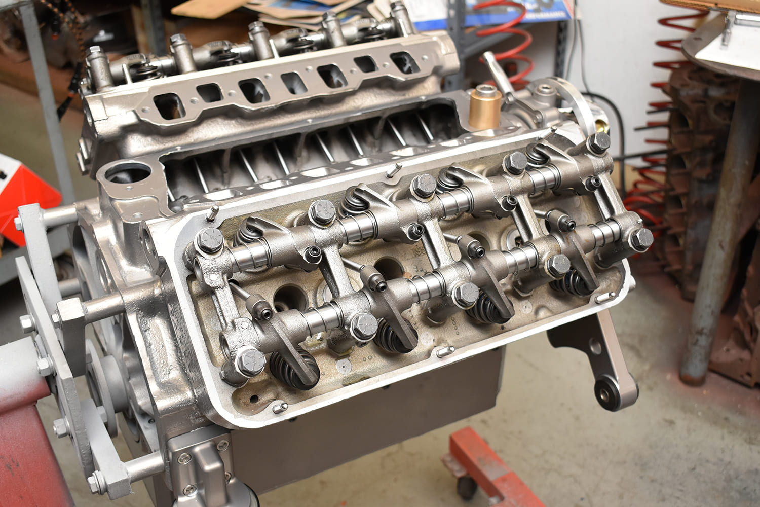 1957 Chrysler 392 Hemi assembled long block valvetrain exposed classic V8 engine build