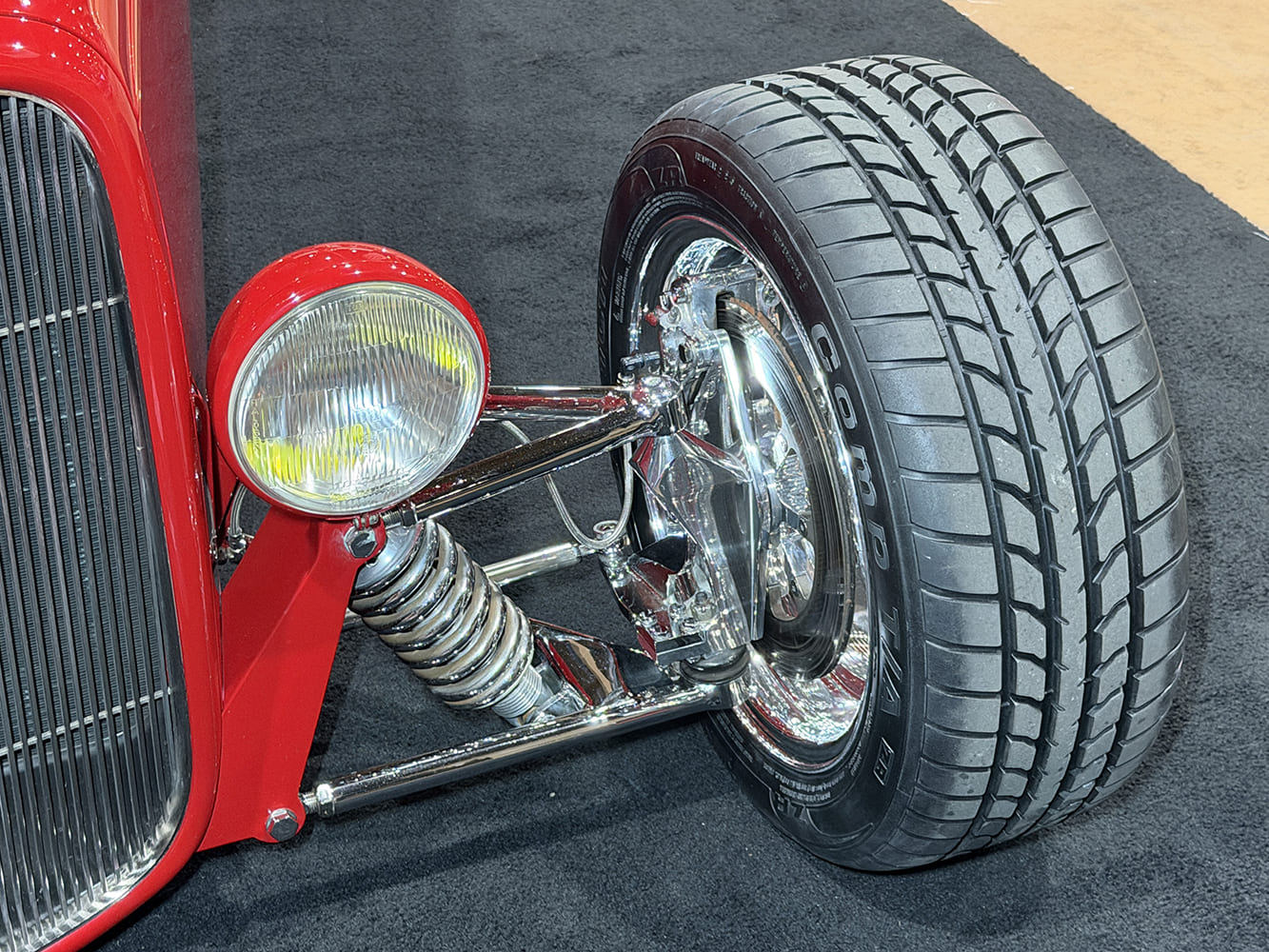 close-up of boydster coilover front suspension with headlight