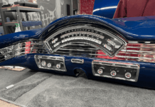 1957 Ford Ranchero custom gauge cluster restored blue dash chrome trim vintage style interior