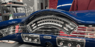 1957 Ford Ranchero custom gauge cluster restored blue dash chrome trim vintage style interior