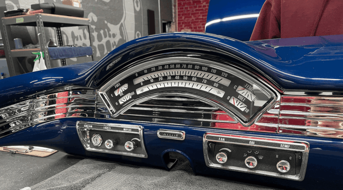 Redesigning a 57 Ranchero Interior with Tin Man’s Garage | Part 1 1957 Ford Ranchero custom gauge cluster restored blue dash chrome trim vintage style interior