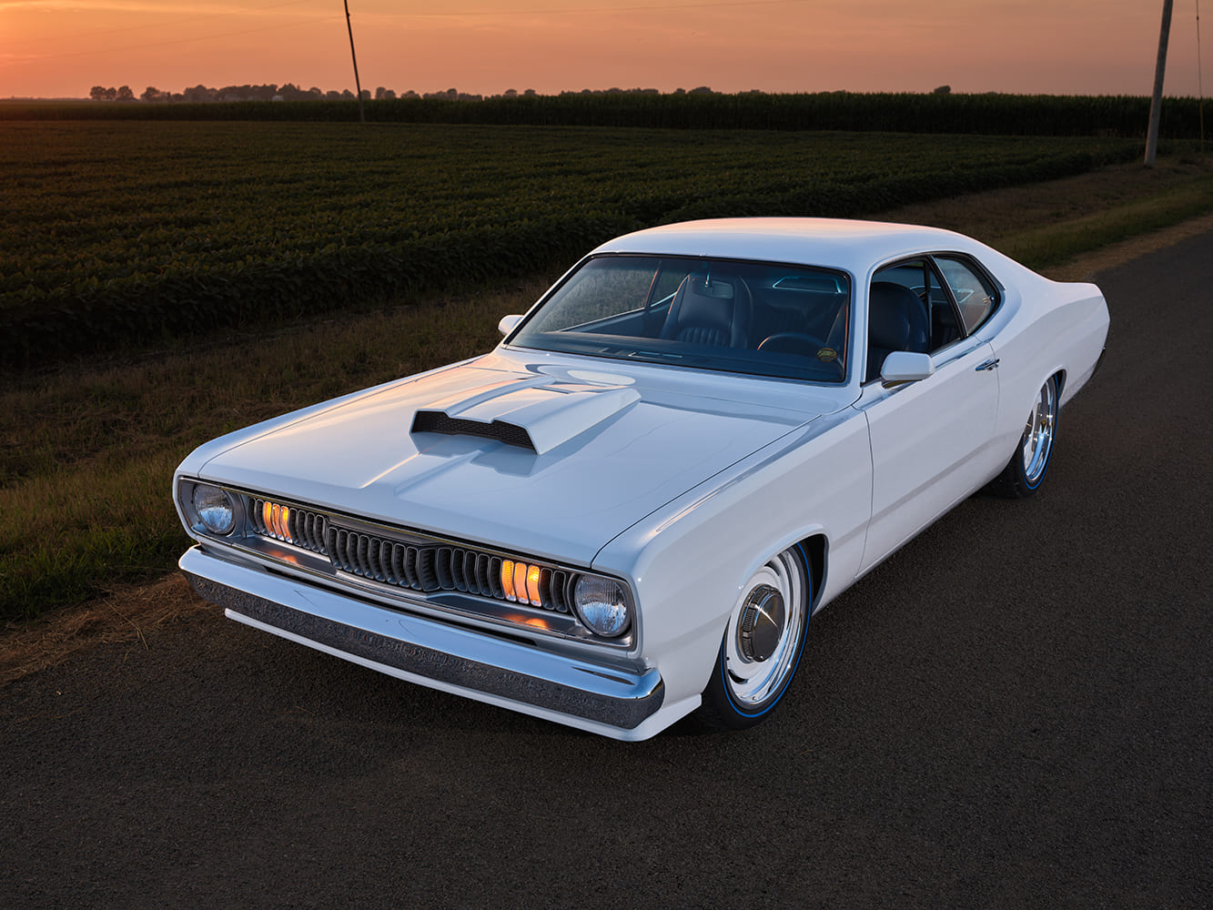 1971 Plymouth Duster white custom angled roadside sunset hood scoop detail pro touring muscle car