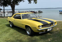 In Your Garage: Charles Brick’s 69 Camaro Z28 Front three-quarter view of a Daytona Yellow 1969 Chevy Camaro Z28 with black racing stripes parked by a lake.