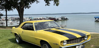 Front three-quarter view of a Daytona Yellow 1969 Chevy Camaro Z28 with black racing stripes parked by a lake.