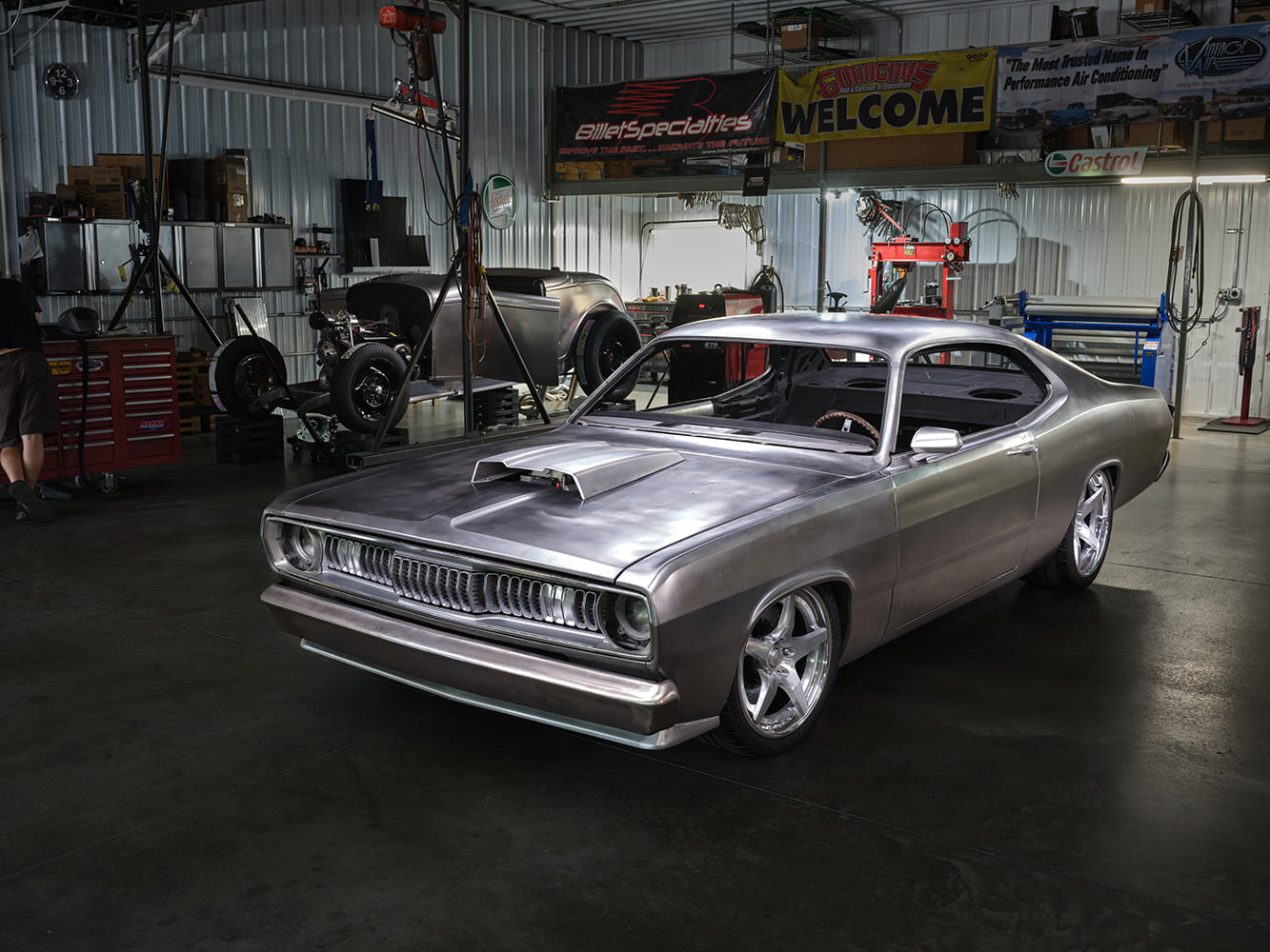 1971 Plymouth Duster white custom close front angle rural road sunset chrome grille classic muscle coupe