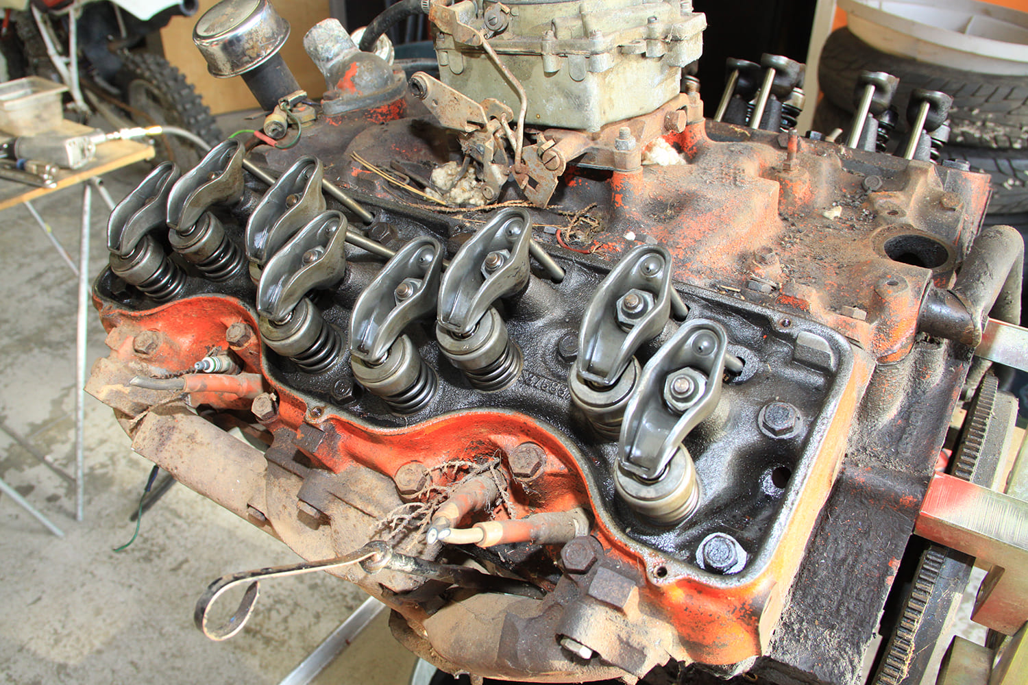1969 Chevrolet 350 small block V8 cylinder head rocker arms worn barn find engine