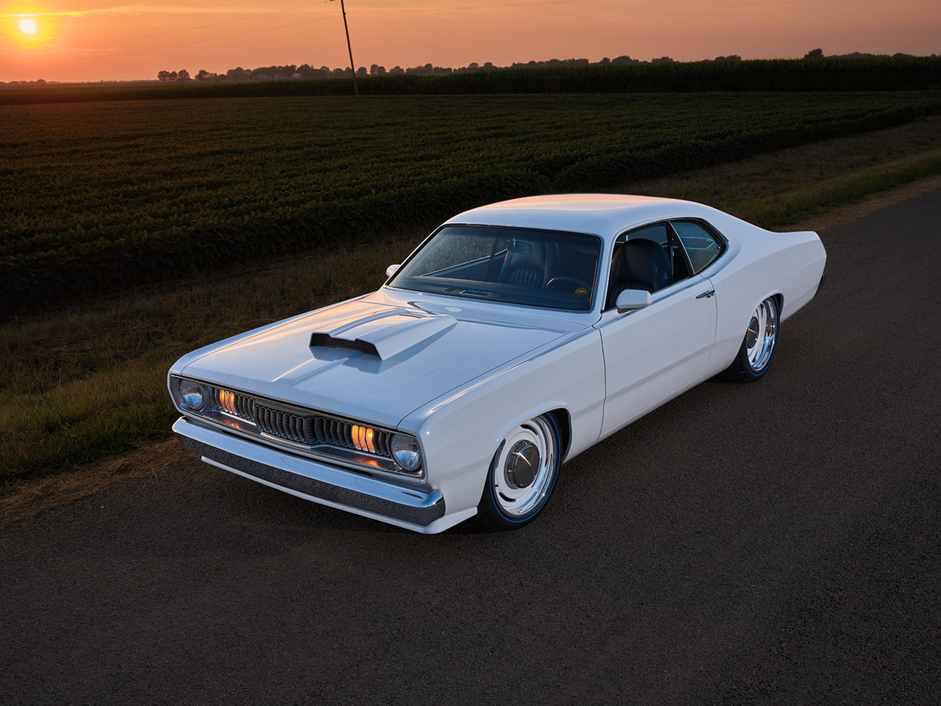 1971 Plymouth Duster white custom front angle sunset rural road hood scoop pro touring muscle car