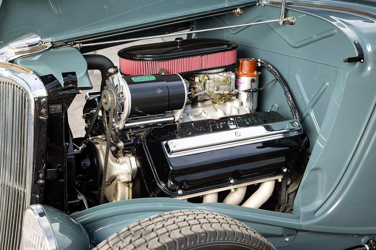 1933 Ford 3 Window Coupe hot rod engine bay Edelbrock intake flathead V8 custom build detail