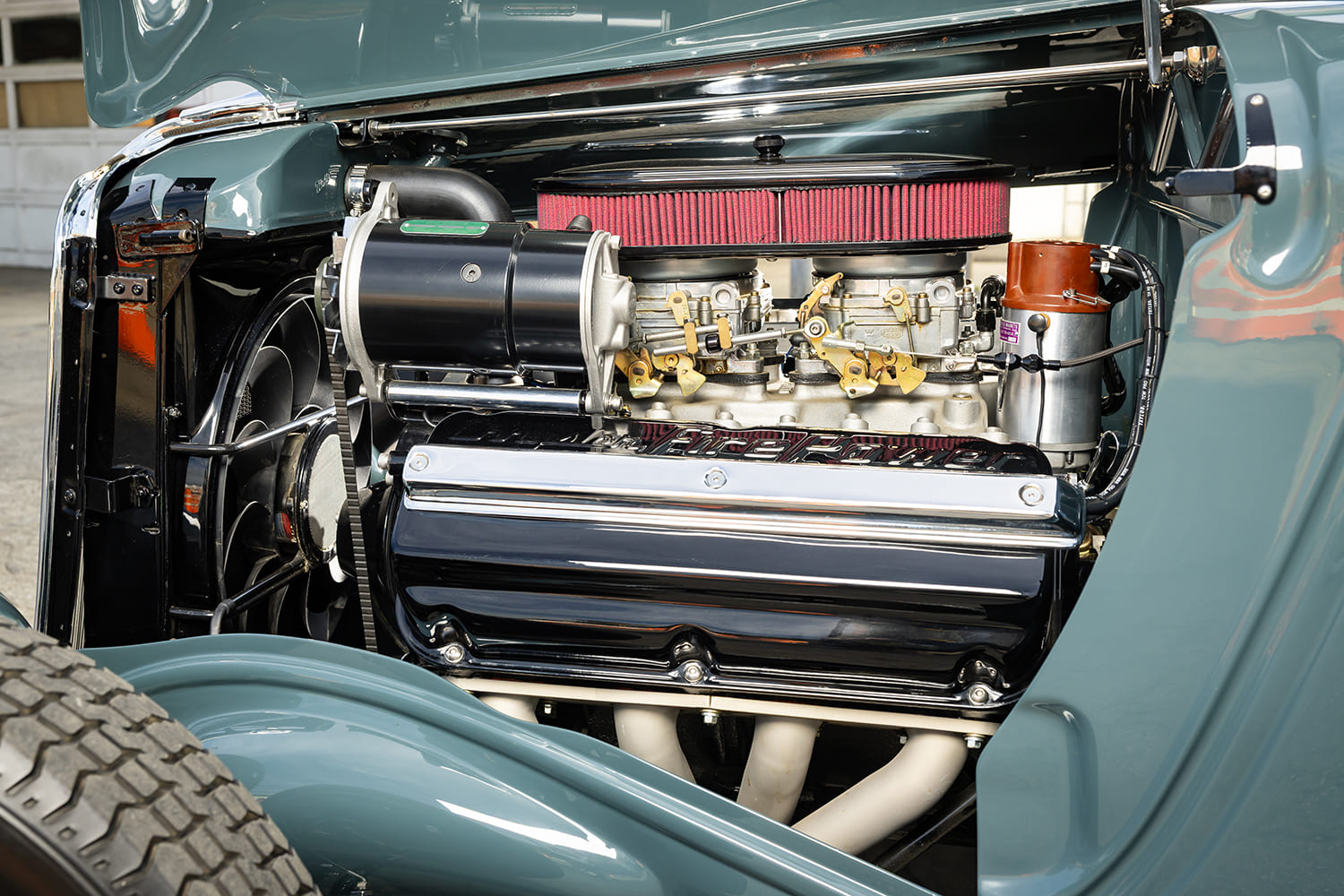 33 Ford 3 Window Coupe hot rod dual carburetor setup red air cleaner vintage performance engine