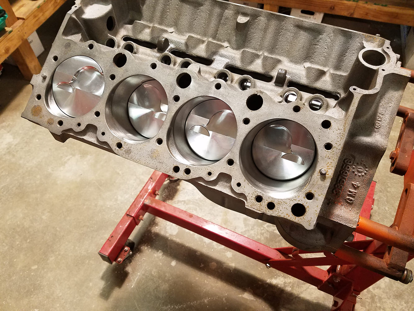 pistons showing in 409 short block assembly.
