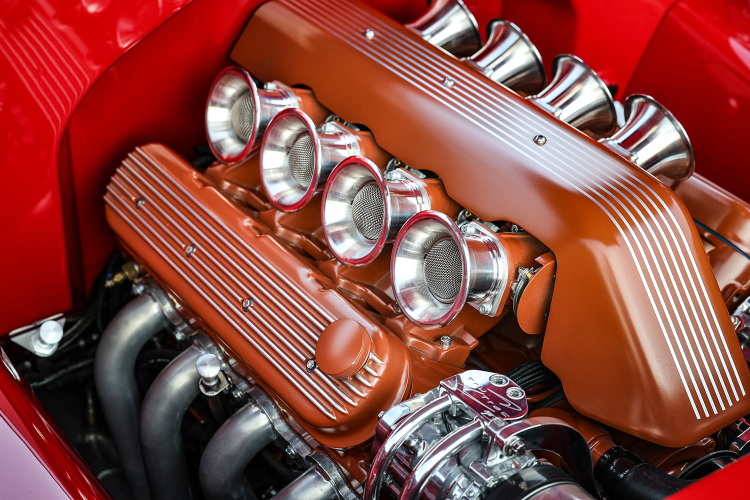 1955 Chevrolet Bel Air custom engine close up velocity stacks performance V8 chrome accessories detailed build