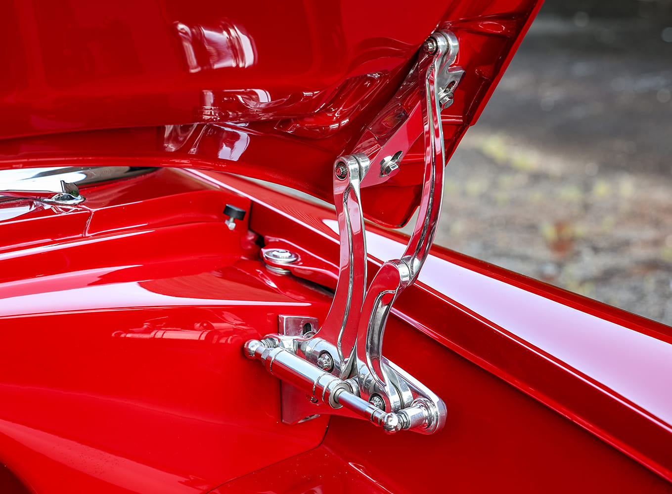 19 1955 Chevrolet Bel Air custom hood hinge detail polished hardware red painted engine bay show quality