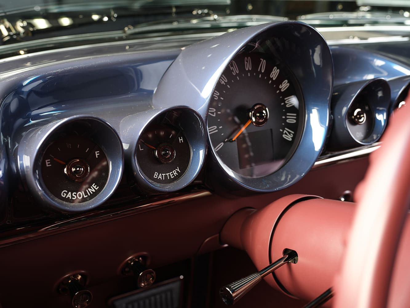 1959 Chevrolet Impala gauge cluster close up speedometer fuel battery oil temperature classic dash