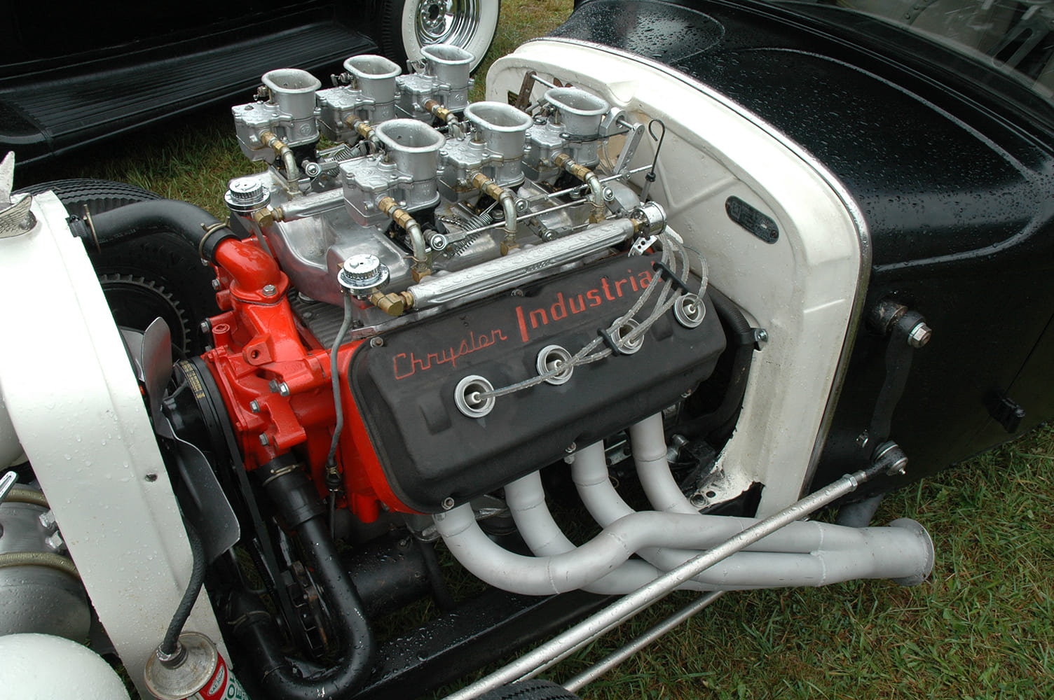 Hemi Hot Rod with Chrysler Industrial valve covers and six carbs vintage setup