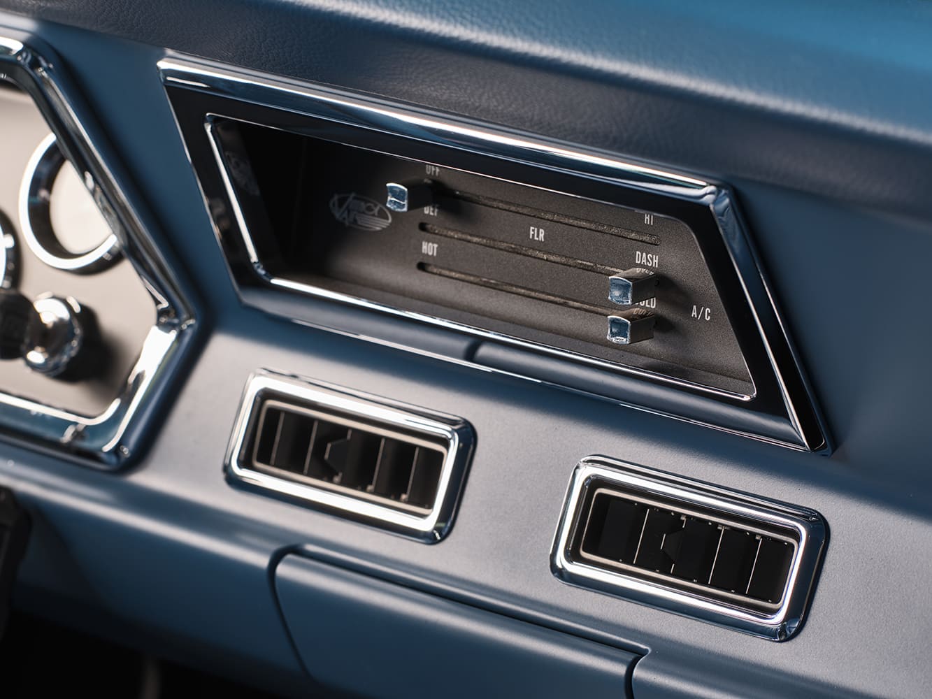 1971 Plymouth Duster custom dashboard AC controls vents blue interior detail pro touring restomod
