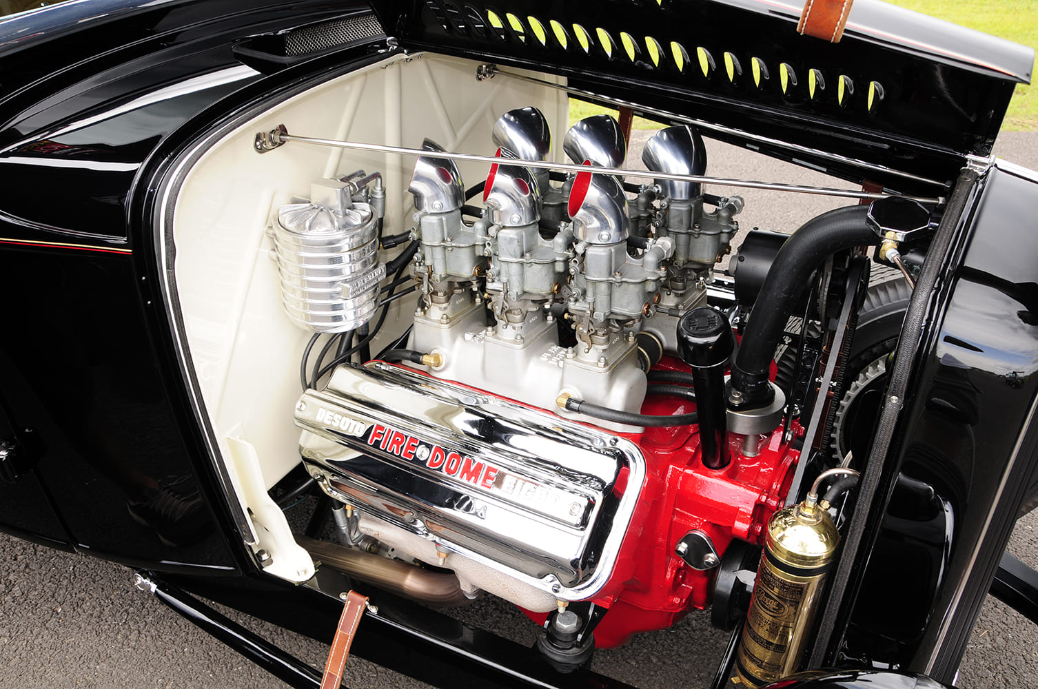 1934 DeSoto Coupe Fire Dome Hemi V8 triple carb intake classic hot rod engine detail