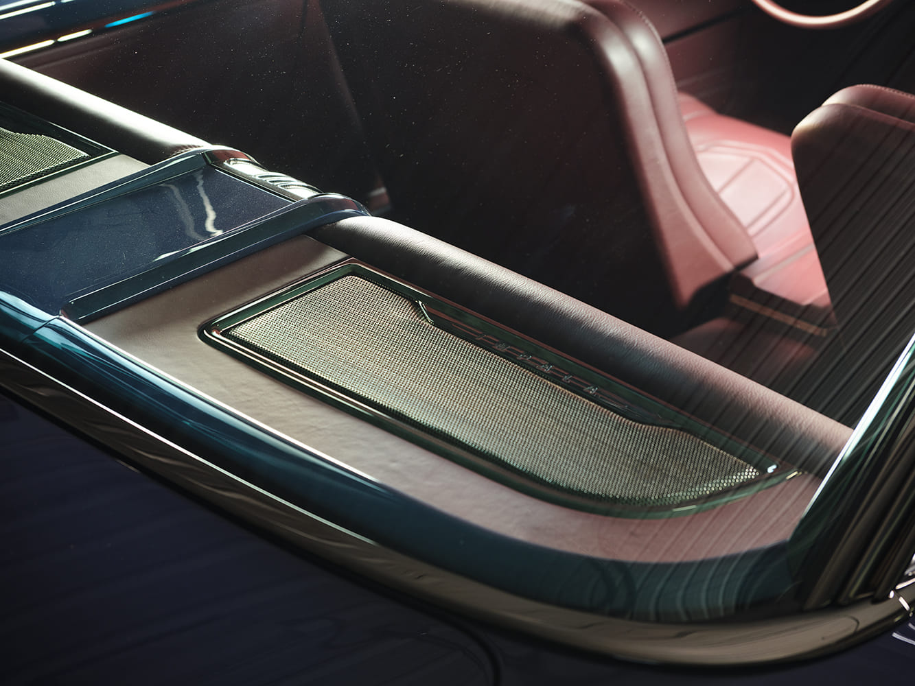 1959 Chevrolet Impala rear deck speaker detail custom audio shelf red interior classic styling