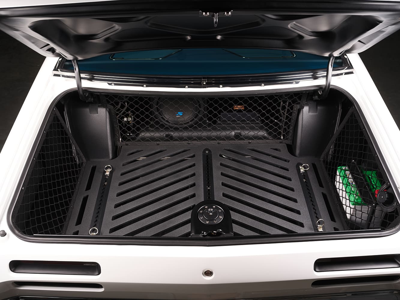 1971 Plymouth Duster custom trunk setup audio system subwoofer battery clean pro touring build