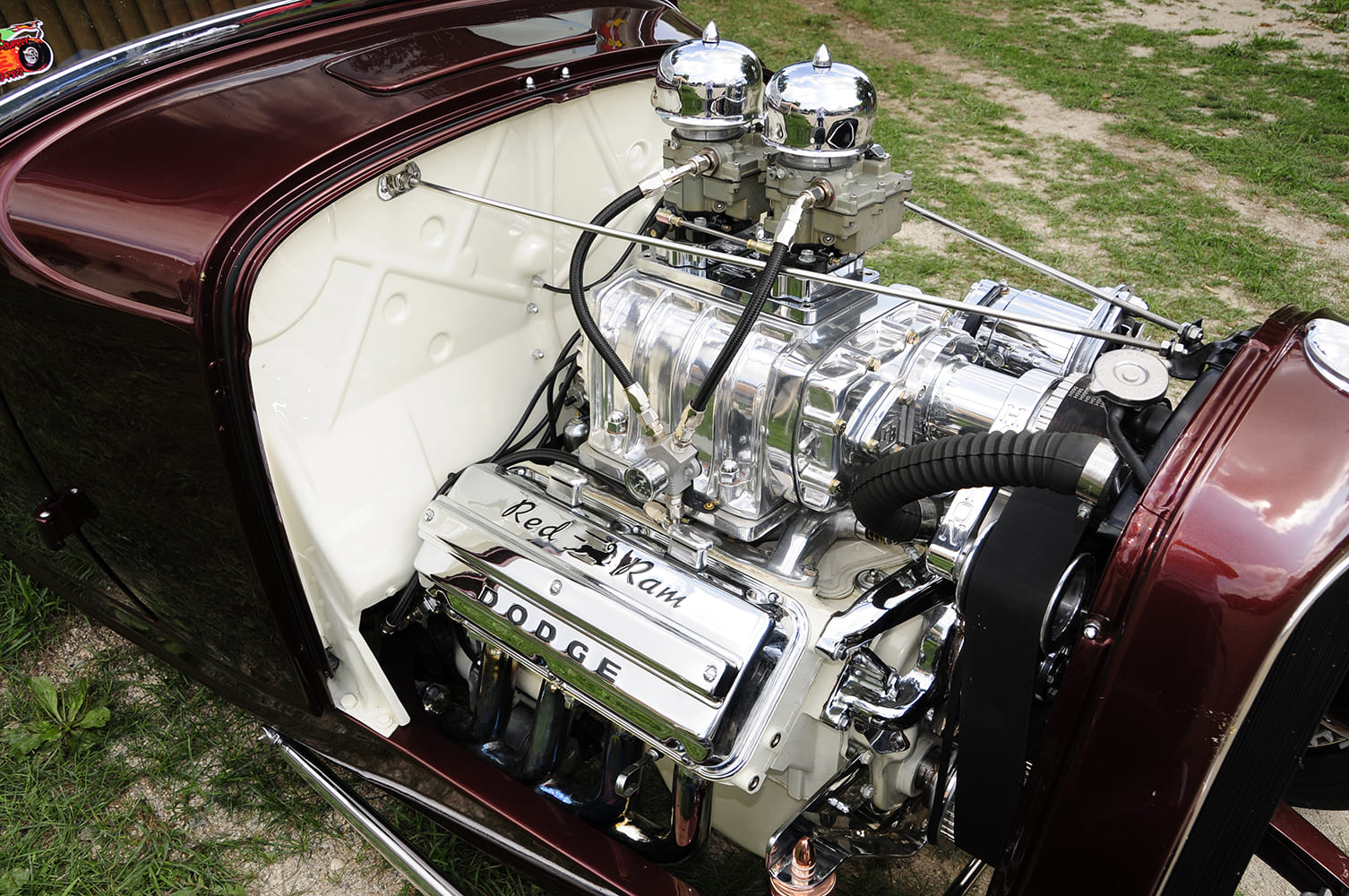 1933 Dodge Coupe Red Ram Hemi V8 dual carb supercharged hot rod engine bay