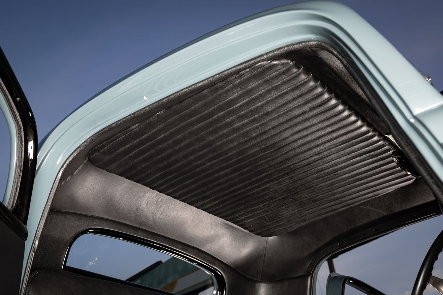 33 Ford 3 Window Coupe hot rod headliner interior roof black stitched upholstery custom cabin