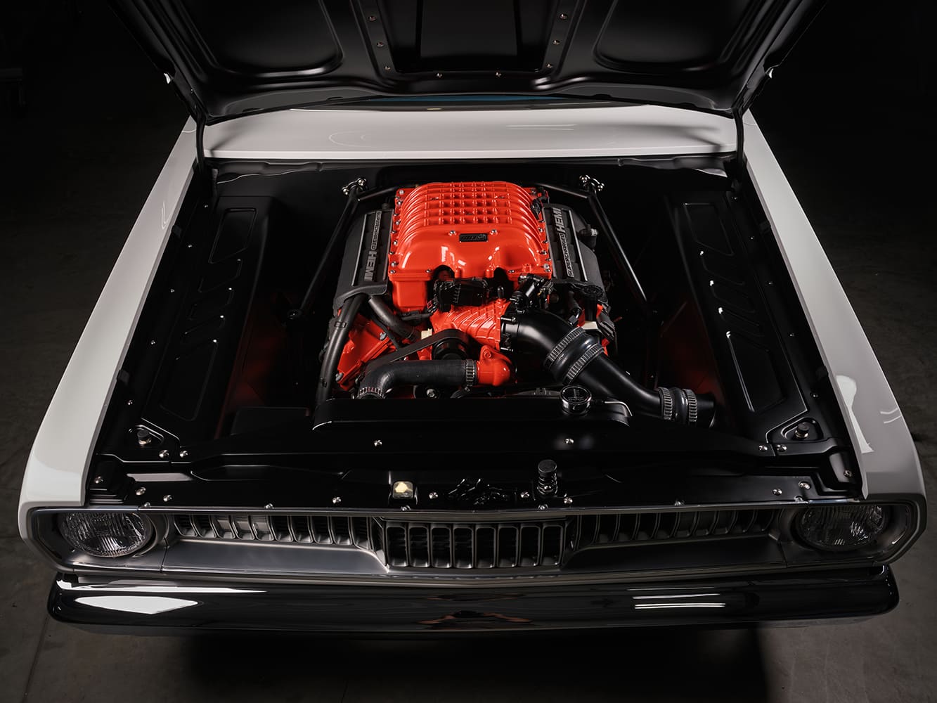 1971 Plymouth Duster engine bay supercharged HEMI modern swap custom clean bay pro touring muscle