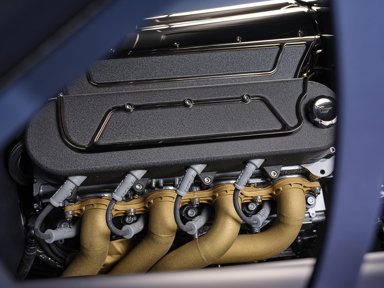 1959 Chevrolet Impala engine detail close up valve covers spark plug wires custom performance setup