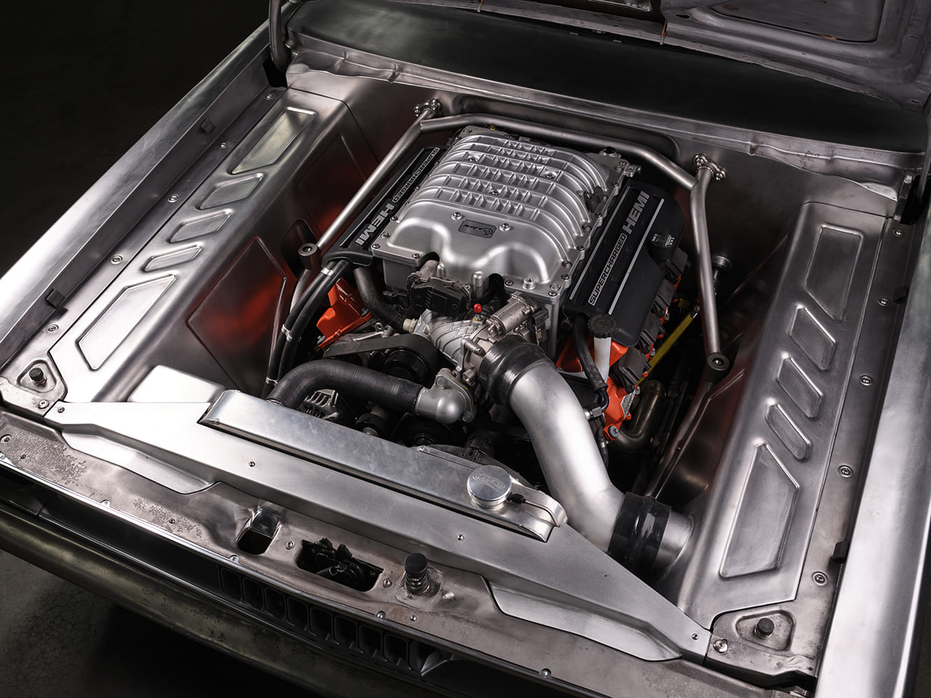 1971 Plymouth Duster engine bay bare metal fabrication supercharged HEMI swap custom build