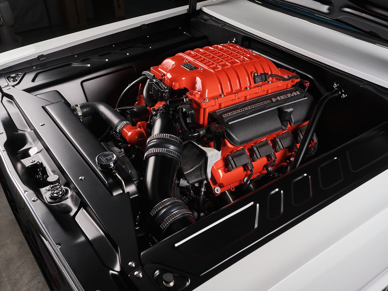1971 Plymouth Duster supercharged HEMI engine detail close up modern drivetrain pro touring build