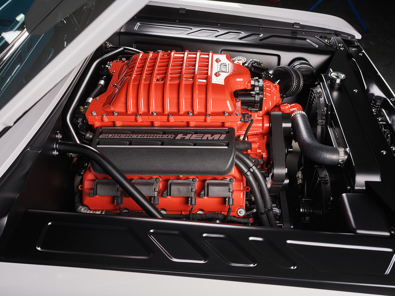 1971 Plymouth Duster supercharged HEMI engine close up custom bay high performance restomod