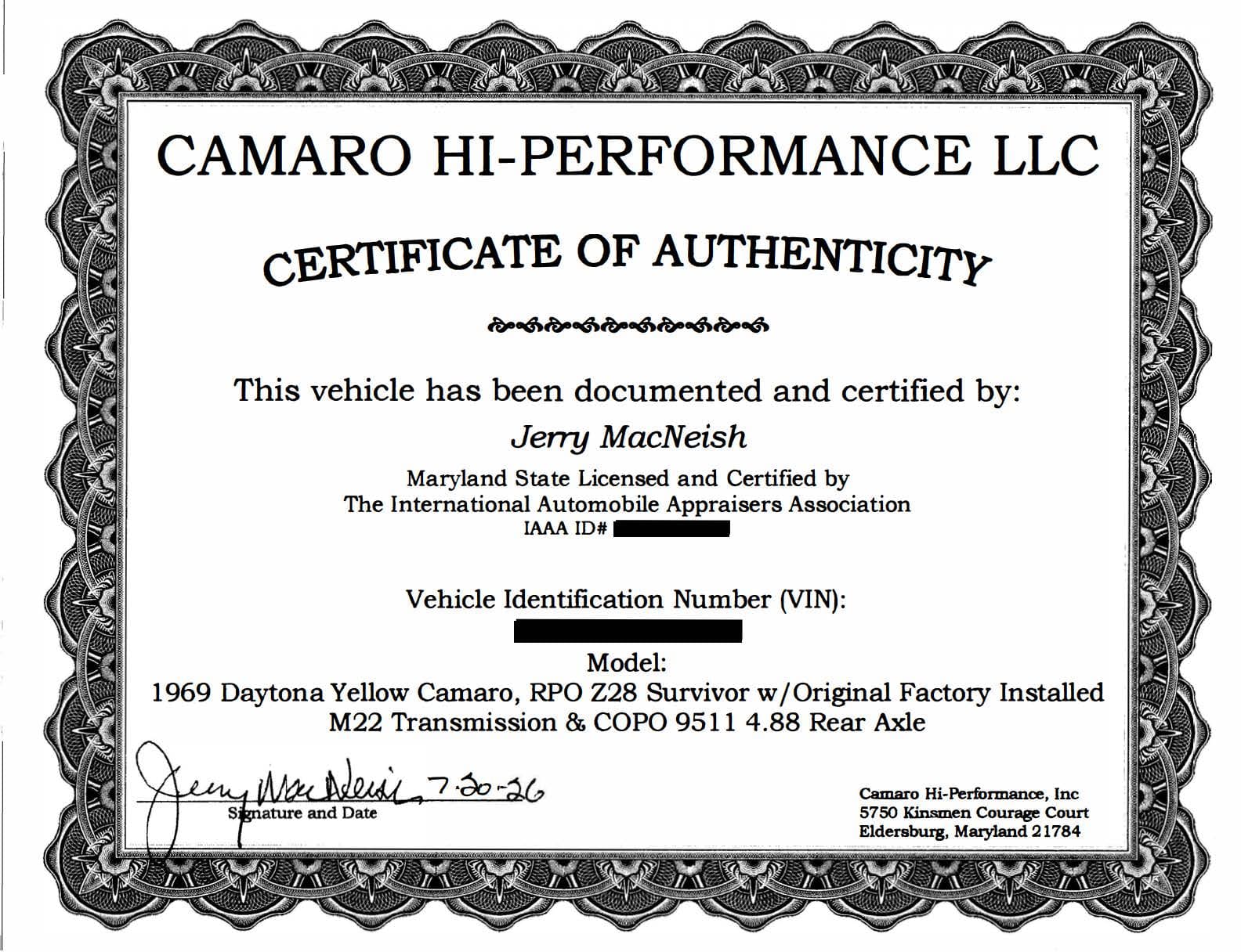 Camaro Hi-Performance Certificate of Authenticity signed by Jerry MacNeish verifying a 1969 Daytona Yellow RPO Z28 survivor.