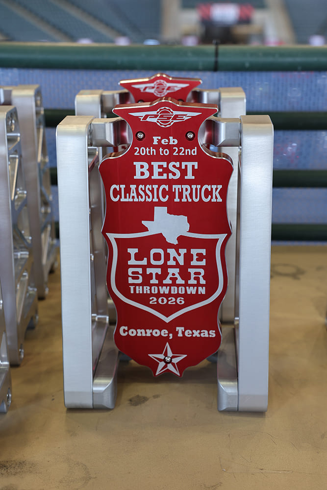 Machined billet aluminum and red anodized award plaque presented for Best Classic Truck at Lone Star Throwdown in Conroe, Texas.