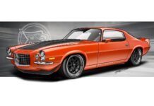 rendering of an orange 1970 Camaro with a custom flat black stripe by Tavis Highlander.