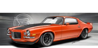 rendering of an orange 1970 Camaro with a custom flat black stripe by Tavis Highlander.