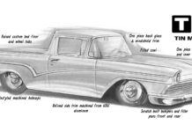 Side concept illustration of a custom 1957 Ford Ranchero by Tin Man's Garage with callouts detailing chopped trim, custom bumpers, and wedge-sectioned body.