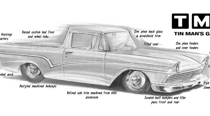 Side concept illustration of a custom 1957 Ford Ranchero by Tin Man's Garage with callouts detailing chopped trim, custom bumpers, and wedge-sectioned body.
