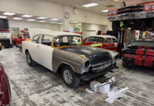 Project Totally Gassed 55 Chevy Gasser build mocked up at Hot Rods by Dean featuring custom Corvette grille teeth and Moon tank mockup.