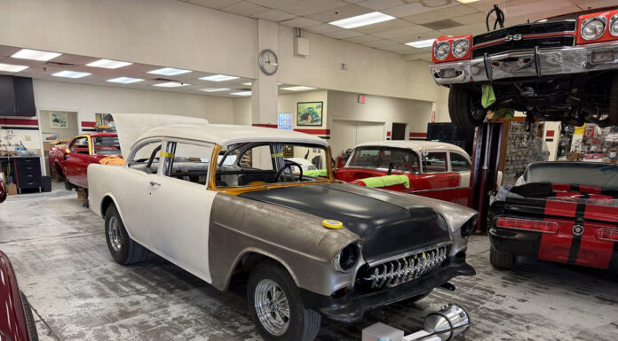 Project Totally Gassed 55 Chevy Gasser build mocked up at Hot Rods by Dean featuring custom Corvette grille teeth and Moon tank mockup.