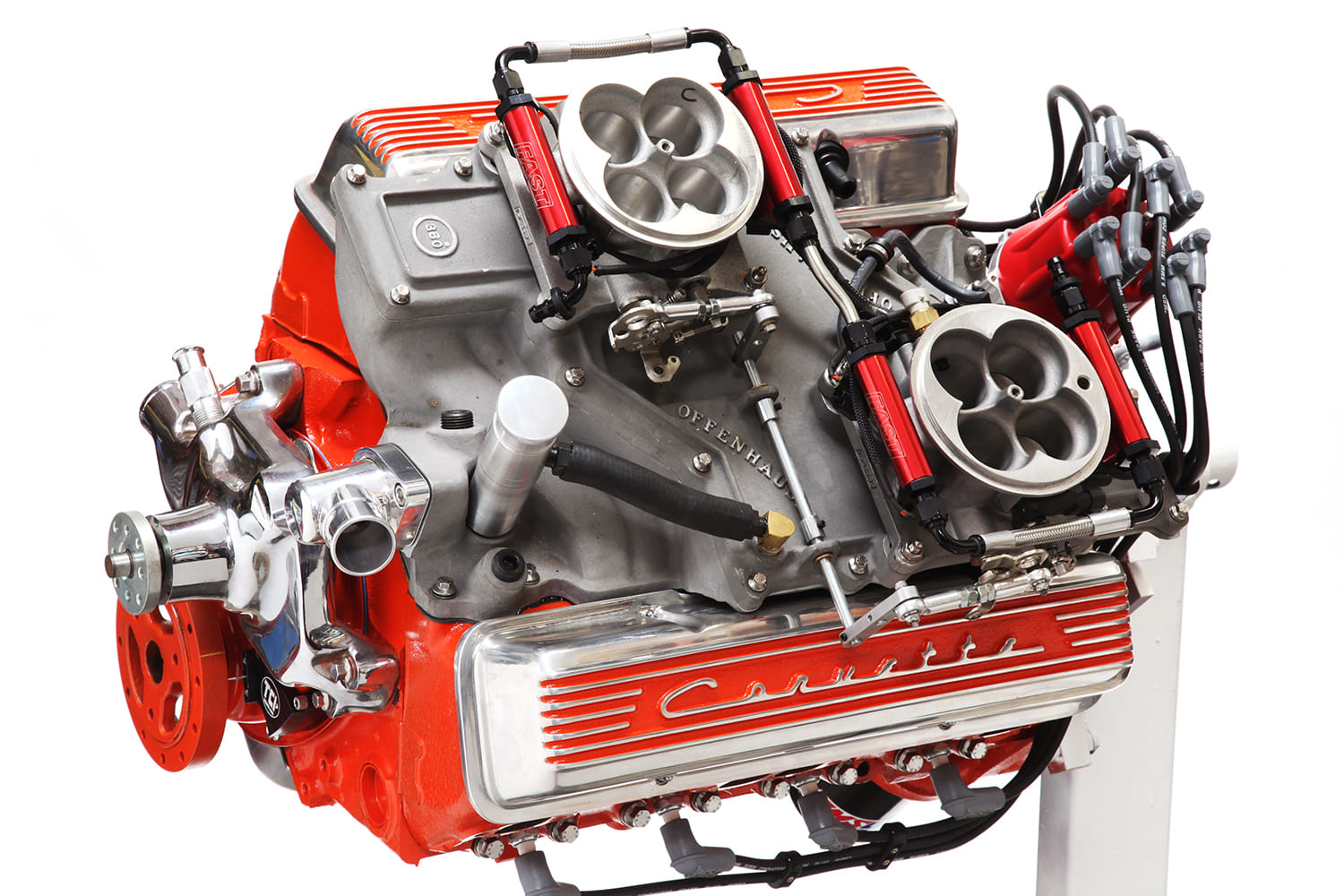 Small-block V8 for the 55 Chevy Gasser build equipped with an Offenhauser cross-ram intake and FAST dual throttle body EFI.