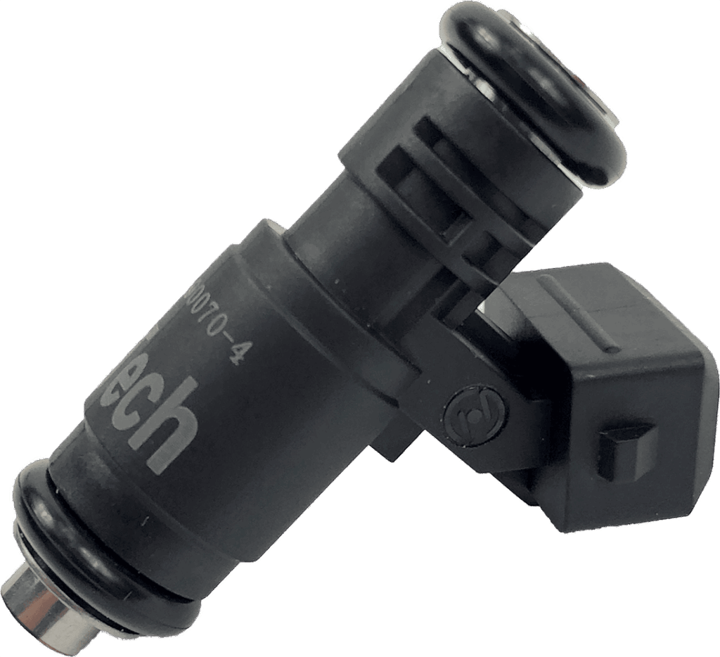 High-impedance FiTech electronic fuel injector with black casing and top O-ring seal.
