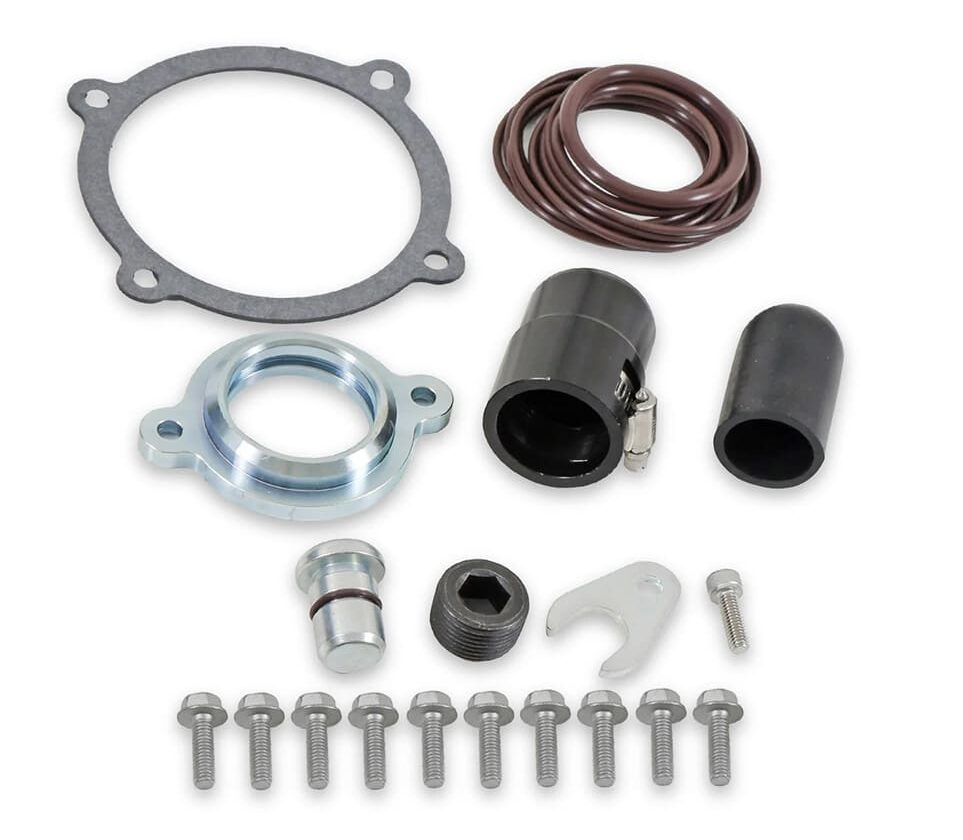 Overhead layout of the Holley installation components including throttle body gasket, port O-rings, mounting bolts, hose adapters, and pipe plugs.