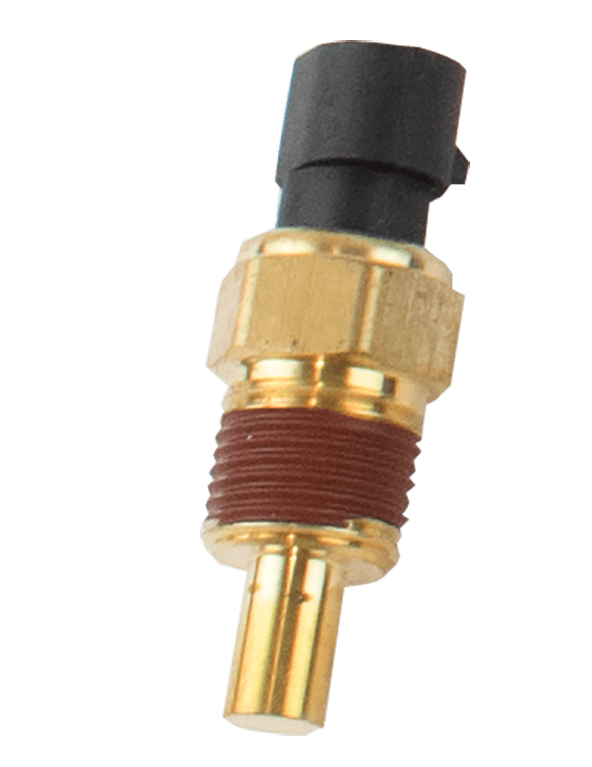 Brass threaded FiTech engine coolant temperature sensor with pre-applied thread sealant and electrical connector.